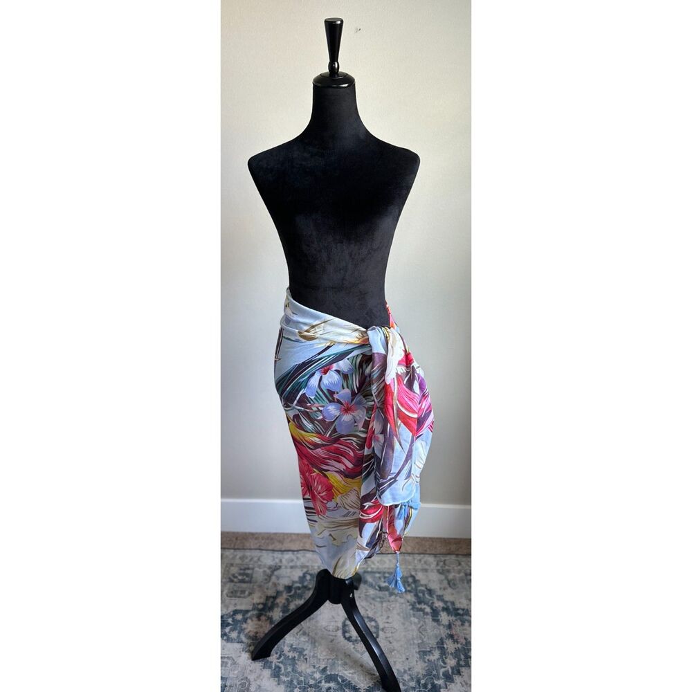 Women's Blue Purple Pink Tropical Botanical Print Swimsuit Coverup Wrap Sarong